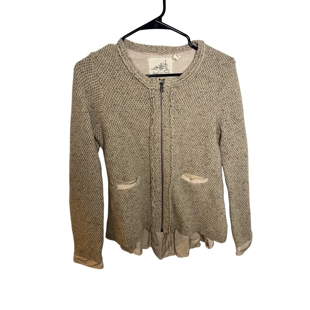 Angel Of The North Sweater Womens Medium‎ Beige Knit Zip Jacket Peplum Cardigan